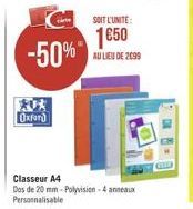 -50%"  Oxford  SOIT L'UNITE:  1650  AU LIEU DE 2099  Classeur A4  Dos de 20 mm- Polyvision-4 anneaux Personnalisable