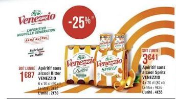 Venezzio  CAPERITIVO NOUVELLE GENERATION  SANS ALCOOL  Fabri  nalie  SOIT L'UNITE: Apéritif sans alcool Bitter VENEZZIO 6x 10 cl (60  1687  Le litre 3612 L'unite: 250  -25%  Venezzi Bitter  Venezzio