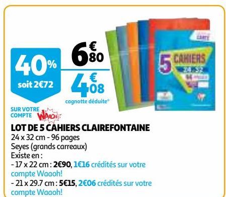 LOT DE 5 CAHIERS CLAIREFONTAINE