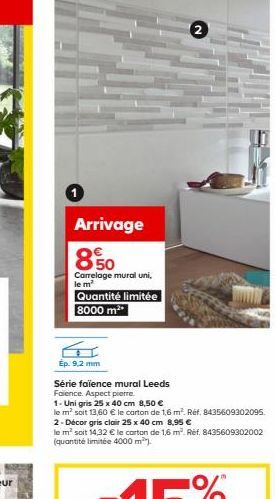 1  Arrivage  8.50  Carrelage mural uni, le m² Quantité limitée 8000 m²  Ep. 9,2 mm  Série faïence mural Leeds  Faience. Aspect pierre.  1-Uni gris 25 x 40 cm 8,50   le m² soit 13,60  le carton de 1,