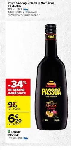 -34%  de remise immédiate  rhum blanc agricole de la martinique  la mauny  40% vol, 70 cl  autres variétés ou grammages disponibles à des prix différents  990  lel: 1343  6%20    lel:8,86   8 lique