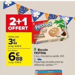 2+1 offert festival  coco  vendu soul  3%  lekg:8.54   les 3 pour  6?8    lekg: 5.00  b biscuits festival coco, chocolat ou vanille, 403  9. panachage possible entre les différentes variétés ****