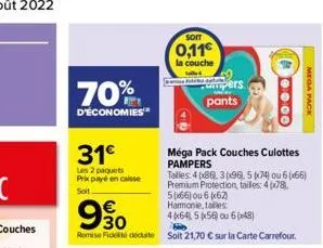 70%  d'économies  31  les 2 paquets prix payé en caisse  soit.  930  h  remise ficte decuite soit 21,70  sur la carte carrefour.  son  0,11  la couche  de  5 pers  pants  méga pack couches culottes