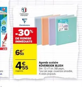 c325  x24  fabrication  f  clairefont  -30%  de remise immédiate  6%  4.55    lagonda  agenda scolaire  koverbook blush dim:  17 cm.368 pages,  1 jour par page, couverture amovible, 4 coloris proposé