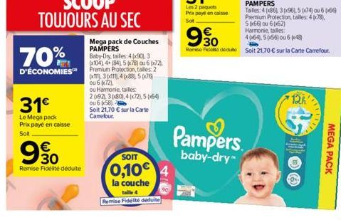 70%  Mega pack de Couches PAMPERS Baby-Dry, tailles: 4 (x90), 3 (x104) 4+ (84) 5 x78) ou 6 px72).  D'ÉCONOMIES Premium Protection, talles: 2  x), 3(x1), 4(x88), 5 (76)  ou 6 k72),  31  Le Mega pack P