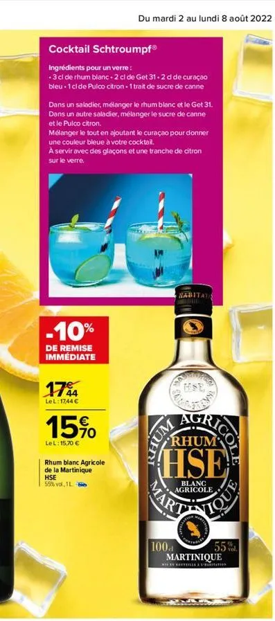 cocktail schtroumpf  ingrédients pour un verre:  -3 cl de rhum blanc - 2 cl de get 31-2 dl de curaçao bleu 1 cl de pulco citron-1 trait de sucre de canne  dans un saladier, mélanger le rhum blanc et l