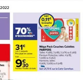 70%  d'économies  31  les 2 paquets prix payé en caisse  sot  990  remise de dédute soit 21,70  sur la carte carrefour.  soit  0,11  la couche  pers pants  méga pack couches culottes pampers  tail