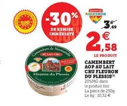 wwwwwwww  Camembert  -30%  DE REMISE IMMEDIATE  de Normandie  GOD  Fleuron du Plessis  a  NORMANDIE  3,69   1,58  LE PRODUIT CAMEMBERT AOP AU LAIT CRU FLEURON DU PLESSIS 20%MG dans  le produit fini L