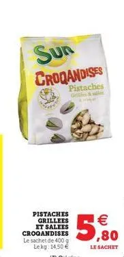 sun  croqandises  pistaches gelles & per  pistaches grillees et salees croqandises le sachet de 400 g lekg: 14,50  (3) origine   ,80  le sachet