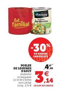 lot familial  POELEE  DE LEGUMES D'AUCY Jardinière ou basquaise Le lot de 2 boltes (soit 1,16 kg) Lekg: 2,71  LE LOT AU CHOIX  d'aucy  Jardinière  -30%  DE REMISE IMMEDIATE  4.    3,14