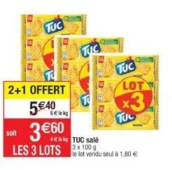 tuc  2+1 offert  540  soit  6 lekg  3 60  les 3 lots  tuc  4 lek tuc salé 3 x 100 g le lot vendu seul à 1,80   tuc  lot  x3  tul