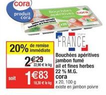 cora produit cora  soit  20% de remise  immédiate  229  1  FRANCE  Bouchées aperitives jambon fumé 22,90  le kg ail et fines herbes  18301009  22% M.G. cora  Bouchers aperitives cora  existe en jam