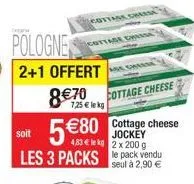 pologne  2+1 offert  cottase chei  cottage cha  a chee  870 cottage cheese  7,25  lekg  soit  jockey 4,83  le kg 2 x 200 g  les 3 packs e pack vendu  seul à 2,90   cheese