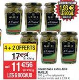 MAILLE  4+2 OFFERTS  1734 TRIENN 11 56  LES 6 BOCAUX  MAILLE  MAILLE  Cornichons extra-fin MAILLE le bocal vend  ser  IN WHITE  1,93  LE BOCAL  MAILLE