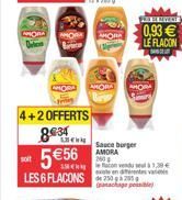 Barce  4+2 OFFERTS  8 5 €56  LES 6 FLACONS 250  Sauce burger AMORA 200 g  15 con vendu selà 1,39 €  exte en dientes varies {rantachusgn pointle}  THE SERVICES  0,93 € LE FLACON 