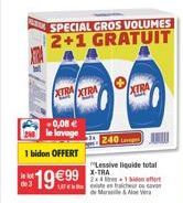 SPECIAL GROS VOLUMES 2+1 GRATUIT  -0,08 € le lavage  1 bidon OFFERT  19€99  LAT  XTRA XTRA  240 L  Lessive liquide total X-TRA 2x4+1 den offert  Mar&Va  XTRA  