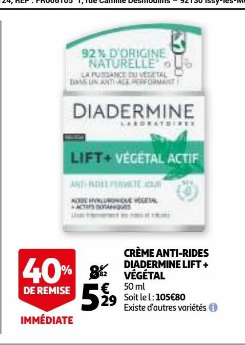 crème anti-rides diadermine lift+ vegetal
