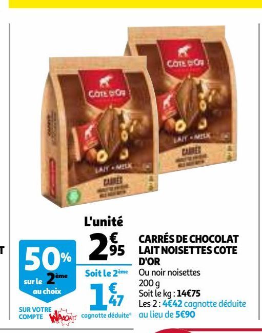 Carres de chocolats lait noisettes Côte d'or