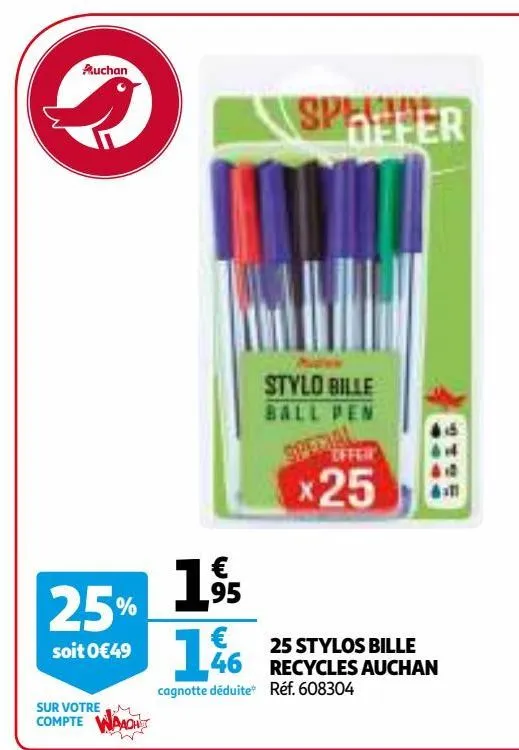 25 stylos bille recycles auchan