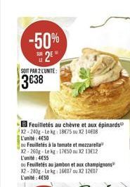 -50%  SUR  2?  SOIT PAR 2 LUNITE:  338  B Feuilletés au chèvre et aux épinards" X2-240g-Le kg: 1875 ou X214608 L'unité: 450  ou Feuilletés à la tomate et mozzarella  X2-260g-Le kg: 1750 ou X2 1312