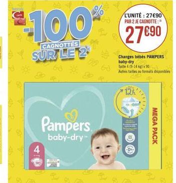 MUNTA  $100  CAGNOTTES  SUR LE 2  4  K  Pampers  baby-dry  L'UNITÉ: 2790  PAR 2 JE CAGNOTTE:"  27690  Changes bébés PAMPERS baby-dry Taille 4 (9-14 kg) x 90 Autres tailles ou formats disponibles  12