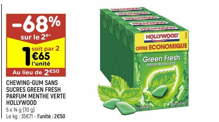 chewing-gums sans sucres green fresh parfum menthe verte Hollywood