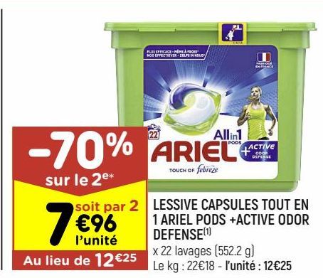 lessive capsules tout en 1 Ariel pods +active odor defense