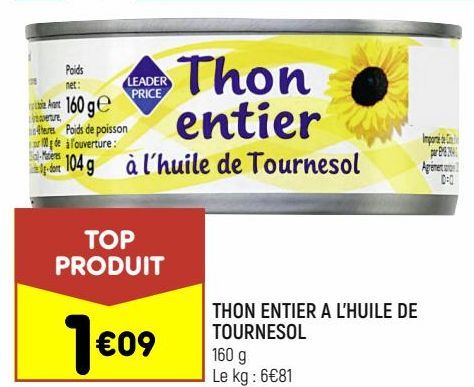 thon entier à l'huile de tournesol