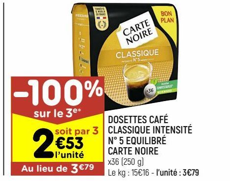 dosettes café classique intensité n°5 equilibré Carte noire