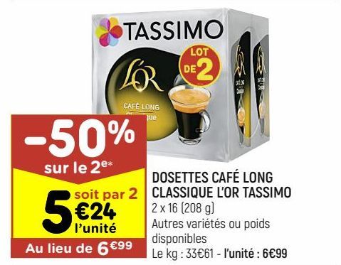 dosettes café long classique l'or Tassimo