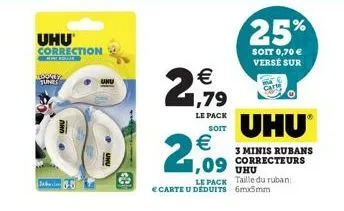 uhu correction  will for  teooney tunes  schwili  2    (11)    2,09  le pack soit  le pack taille du ruban: carte u deduits 6mx5mm  uhu?  3 minis rubans correcteurs  25%  soit 0,70  versé sur