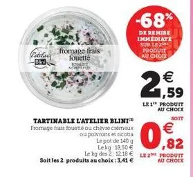 patolian  blini  fromage frais fouetté  dolore ador  tartinable l'atelier blini fromage frais fouetté ou chèvre crémeux  ou poivrons et ricotta  le pot de 140 g  le kg: 18,50   le kg des 2:12,18  le