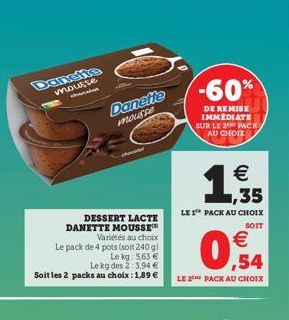 mousse chalet  DESSERT LACTE DANETTE MOUSSE Variétés au choix  Le pack de 4 pots (soit 240 g)  Le kg: 5,63   Le kg des 2: 3,94   Soit les 2 packs au choix: 1,89   Danette mousse  -60%  DE REMISE I