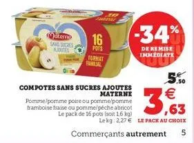 matern sans sucres ajoutes  16  pots  format  familja  compotes sans sucres ajoutes  materne pomme/pomme poire ou pomme/pomme framboise fraise ou pomme/péche abricot le pack de 16 pots (soit 1,6 kg)