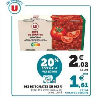 LES  PRODUITS U  DÉS DE TOMATES icial c  A  Carte  DES DE TOMATES EN DES U  Le lot de 3 boltes (soit 1,2 kg)    20% 2,02  SOIT 0,41  VERSE SUR  LE LOT  SOIT   1,61  LE LOT  Le kg 168  ECARTE U DÉD