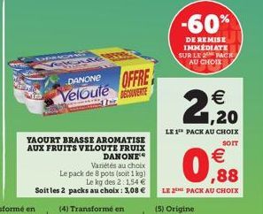 Pauza  Kunde  DANONE  OFFRE Velouté DECOUVERTE  YAOURT BRASSE AROMATISE AUX FRUITS VELOUTE FRUIX  DANONE Variétés au choix  Le pack de 8 pots (soit 1kg) Le kg des 2: 1,54   Soit les 2 packs au choix