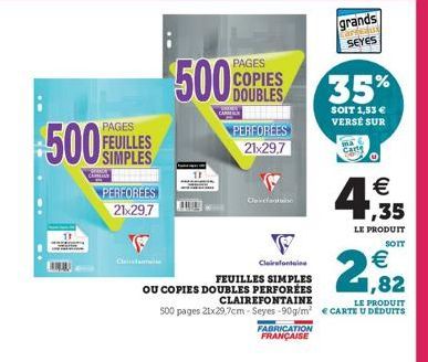 PAGES FEUILLES SIMPLES  500  CALI  PERFOREES  21x29.7  PAGES  500% COPIES  DOUBLES  CARRI  PERFOREES 21x29,7  Clevelante  FABRICATION FRANÇAISE  Clairefontaine    FEUILLES SIMPLES  ,82  OU COPIES DOU