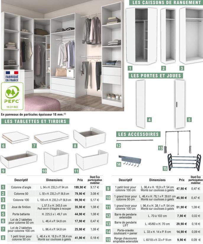 94  PEFC  10-31-943  6  En panneaux de particules épaisseur 18 mm. (¹) LES TABLETTES ET TIROIRS  9  FABRIQUÉ EN FRANCE  1  2  3  5  6  Descriptif  Colonne d'angle  Colonne 50  Colonne 100  7  Joue de