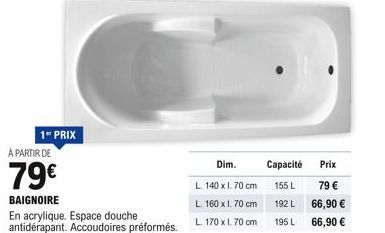 1" PRIX  À PARTIR DE  79  BAIGNOIRE  En acrylique. Espace douche antidérapant. Accoudoires préformés.  Dim.  L. 140 x 1.70 cm  L. 160 x I. 70 cm  L. 170 x 170 cm  Capacité  155 L  192 L  195 L  Prix