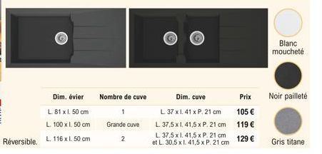 Dim. évier  Nombre de cuve  1 Grande cuve  2  Dim. cuve  L. 37 x 1.41 x P. 21 cm  L. 37,5 x 1. 41,5 x P. 21 cm L. 37,5 x 1. 41,5 x P. 21 cm et L. 30,5 x l. 41,5 x P. 21 cm  Q  Prix  105   119   129