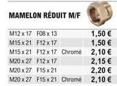 MAMELON RÉDUIT M/F  M12 x 17 F08 x 13  M15x21 F12x17  M15x21 F12x 17 Chromé  M20 x 27  F12 x 17  M20x27 F15x21  M20 x 27 F15x21 Chromé  1,50   1,50   2,10   2,15   2,20   2,10 