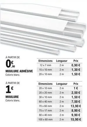 à partir de  0.  ,90  moulure adhésive coloris blanc.  à partir de  1  moulure coloris blanc.  dimensions 12 x 7 mm 15 x 10 mm  20 x 10 mm  20 x 20 mm  30 x 10 mm  60 x 40 mm  70 x 60 mm  75 x 17 mm