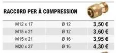 m12 x 17  m15 x 21  m15 x 21  m20 x 27  raccord per à compression  012  012  016  016  3,50   3,60   3,95   4,30 