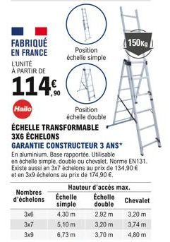 FABRIQUÉ EN FRANCE L'UNITÉ À PARTIR DE  114  Nombres d'échelons  Position échelle simple  Hailo  Position échelle double  ÉCHELLE TRANSFORMABLE 3X6 ÉCHELONS  3x6  3x7  3x9  TISS  GARANTIE CONSTRUCTEU