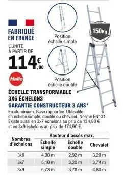 fabriqué en france l'unité à partir de  114  nombres d'échelons  position échelle simple  hailo  position échelle double  échelle transformable 3x6 échelons  3x6  3x7  3x9  tiss  garantie constructeu