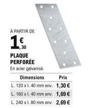 à partir de  ,30 plaque perforee  en acier galvanisé  dimensions  prix  l. 120 x 1.40 mm env. 1,30  l 160 x 1. 40 mm env. 1,69  l. 240 x 1.80 mm env. 2,69 