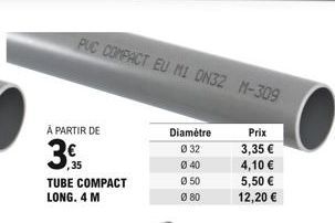 À PARTIR DE  3.  TUBE COMPACT LONG. 4 M  ,35  PVC COMPACT EU MI DN32 M-309  Diamètre  032  040  050  Ø80  Prix  3,35   4,10   5,50   12,20 