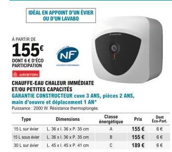 IDÉAL EN APPOINT D'UN ÉVIER OU D'UN LAVABO  A PARTIR DE  155  DONT 6  D'ÉCO PARTICIPATION  NF  CHAUFFE-EAU CHALEUR IMMÉDIATE ET/OU PETITES CAPACITÉS  Type  15 L sur évier  15 L sous évier  30 L sur