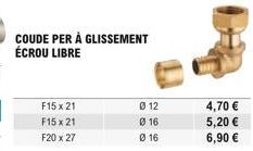 F15x21 F15x21 F20 x 27  COUDE PER À GLISSEMENT ÉCROU LIBRE  012  Ø 16 016  4,70   5,20   6,90 