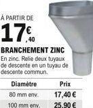 À PARTIR DE  17%  BRANCHEMENT ZINC En zinc. Relie deux tuyaux de descente en un tuyau de descente commun.  Prix 17,40   25,90 